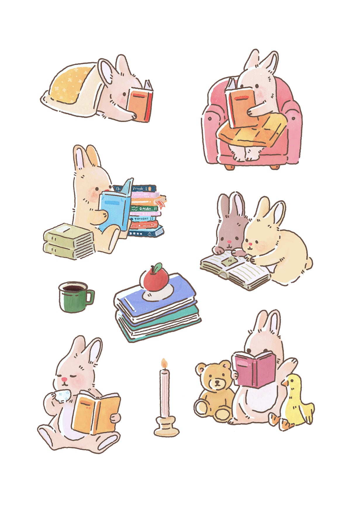 Bunny Reading Stickers (9 pieces)